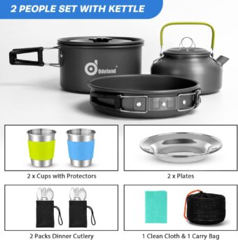 Odoland 15pcs Camping Cookware Mess Kit, Non-Stick Lightweight Pot Pan Kettle Set with Stainless Steel Cups Plates Forks Knives Spoons for Camping, Backpacking, Outdoor Cooking and Picnic - Image 2