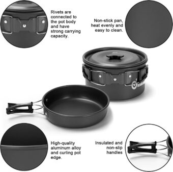 Odoland 15pcs Camping Cookware Mess Kit, Non-Stick Lightweight Pot Pan Kettle Set with Stainless Steel Cups Plates Forks Knives Spoons for Camping, Backpacking, Outdoor Cooking and Picnic - Image 3