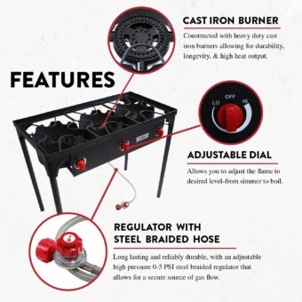 Gas One Propane Double Burner Two Burner Camp Stove Outdoor High Pressure Propane 2 Burner Adjustable PSI Regulator and 4ft Steel Braided Hose With Removable Legs - Image 6