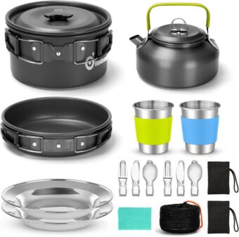 Odoland 15pcs Camping Cookware Mess Kit, Non-Stick Lightweight Pot Pan Kettle Set with Stainless Steel Cups Plates Forks Knives Spoons for Camping, Backpacking, Outdoor Cooking and Picnic - Image 9