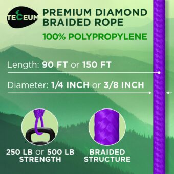 TECEUM Rope – 1/4” & 3/8” – 90 FT | 150 FT – Strong All-Purpose Utility Rope – Camping, Crafting, Flag Pole, Indoor & Outdoor – Polypropylene Nylon Poly Lightweight Diamond Braided Cord - Image 3