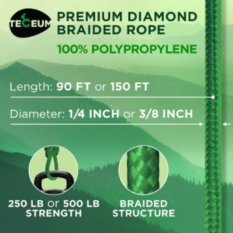 TECEUM Rope – 90 Feet x 1/4 Inch (7mm) – Green – Strong All-Purpose Utility Rope – Camping, Crafting, Flag Pole, Indoor & Outdoor – Polypropylene Nylon Poly Lightweight Diamond Braided Cord - Image 4