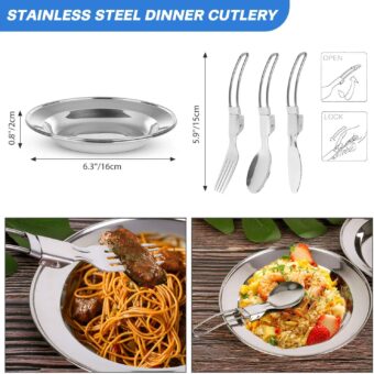 Odoland 15pcs Camping Cookware Mess Kit, Non-Stick Lightweight Pot Pan Kettle Set with Stainless Steel Cups Plates Forks Knives Spoons for Camping, Backpacking, Outdoor Cooking and Picnic - Image 10