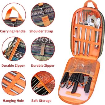 Portable Camping Kitchen Utensil Set-27 Piece Cookware Kit, Stainless Steel Outdoor Cooking and Grilling Utensil Organizer Travel Set Perfect for Travel, Picnics, RVs, Camping, BBQs, Parties and More - Image 7