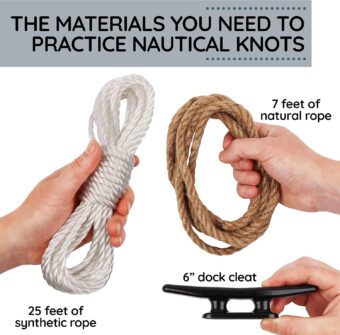 Deluxe Nautical Knot Tying Kit - 6" Boat Cleat, Jute and Poly Ropes, and Waterproof Nautical Guide to 21 Sailing and Boating Knots - Image 2