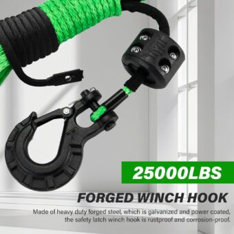 TYT Synthetic Winch Rope Kit - 1/4'' x 50' with 10000 lbs Strength, Protective Sleeve, Heavy Duty Hook, Rubber Stopper, & Safety Pull Strap for Off-Road 4x4 Vehicles (Green) (JPS1450OG) - Image 5