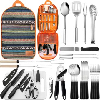 Portable Camping Kitchen Utensil Set-27 Piece Cookware Kit, Stainless Steel Outdoor Cooking and Grilling Utensil Organizer Travel Set Perfect for Travel, Picnics, RVs, Camping, BBQs, Parties and More - Image 4