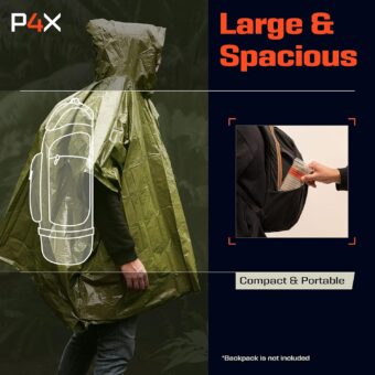 PREPARED4X Emergency Poncho with Mylar Blanket Liner – Heavy Duty, Waterproof, Wind-Resistant Green Rain Poncho for Outdoors, Camping, and Car Emergency Kits - Thermal Poncho - Image 4