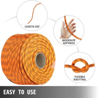 VEVOR Double Braided Polyester Rope, 1/2 in x 220 ft, 48 Strands, 8000 LBS Breaking Strength Outdoor Rope, Arborist Rigging Rope for Rock Hiking Camping Swing Rappelling Rescue, Orange/Black - Image 9