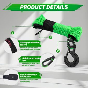 TYT Synthetic Winch Rope Kit - 1/4'' x 50' with 10000 lbs Strength, Protective Sleeve, Heavy Duty Hook, Rubber Stopper, & Safety Pull Strap for Off-Road 4x4 Vehicles (Green) (JPS1450OG) - Image 4